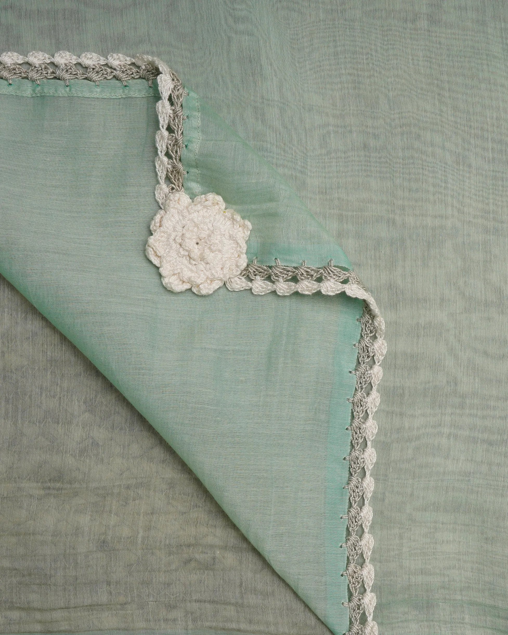 Mint Green Color Crochet Embroidered Pure Chanderi Scarf