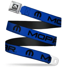 MOPAR Logo Full Color Black White Seatbelt Belt - MOPAR Text/Logo Blue/Black Webbing