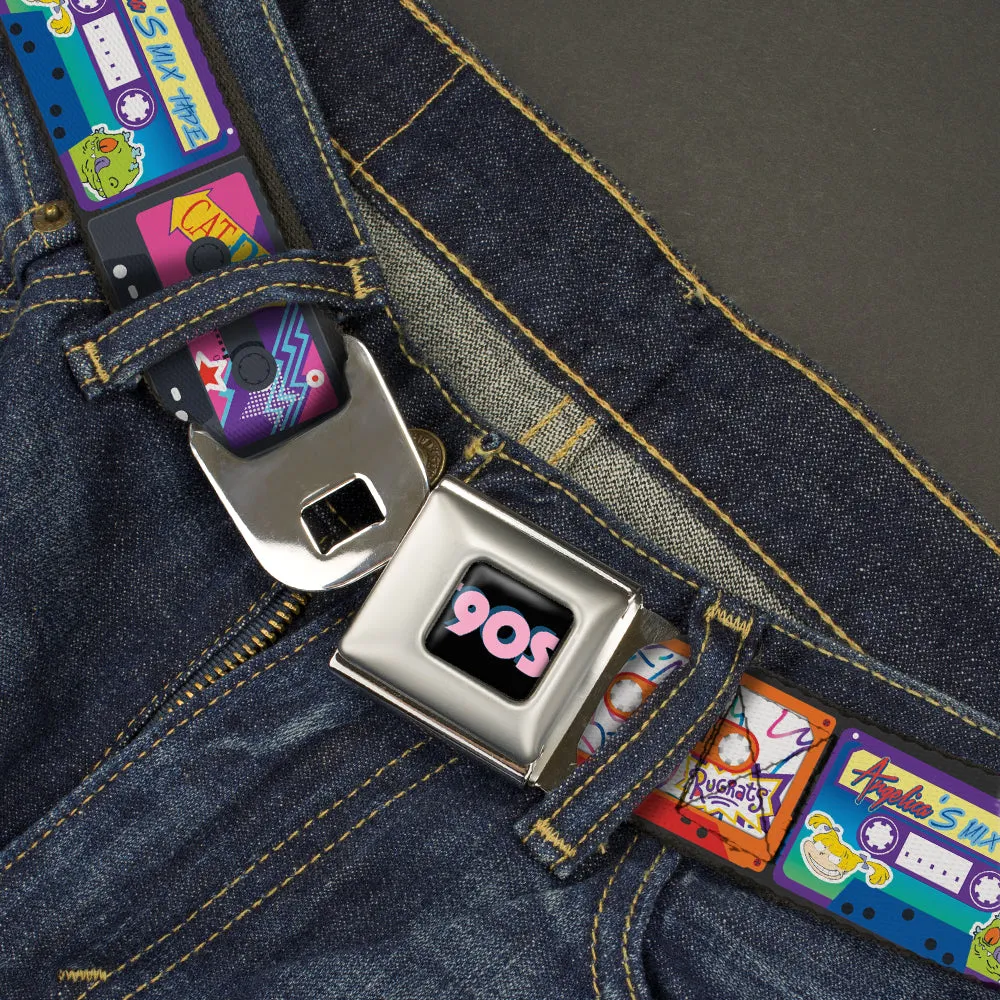 Nick 90'S Rewind Icon Full Color Black/Blue/Pink Seatbelt Belt - Nick 90's Rewind 13-Mash Up Cassette Tapes Black Webbing