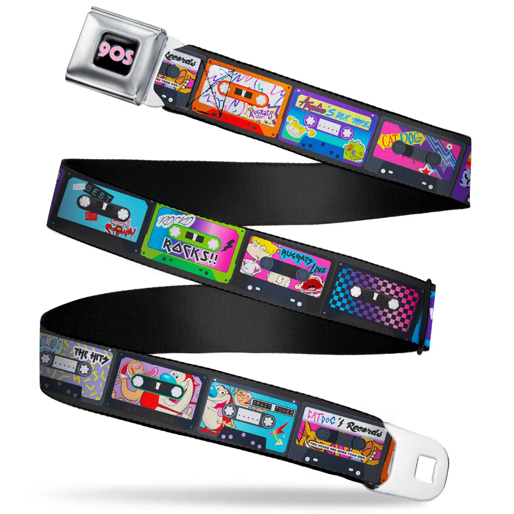 Nick 90'S Rewind Icon Full Color Black/Blue/Pink Seatbelt Belt - Nick 90's Rewind 13-Mash Up Cassette Tapes Black Webbing