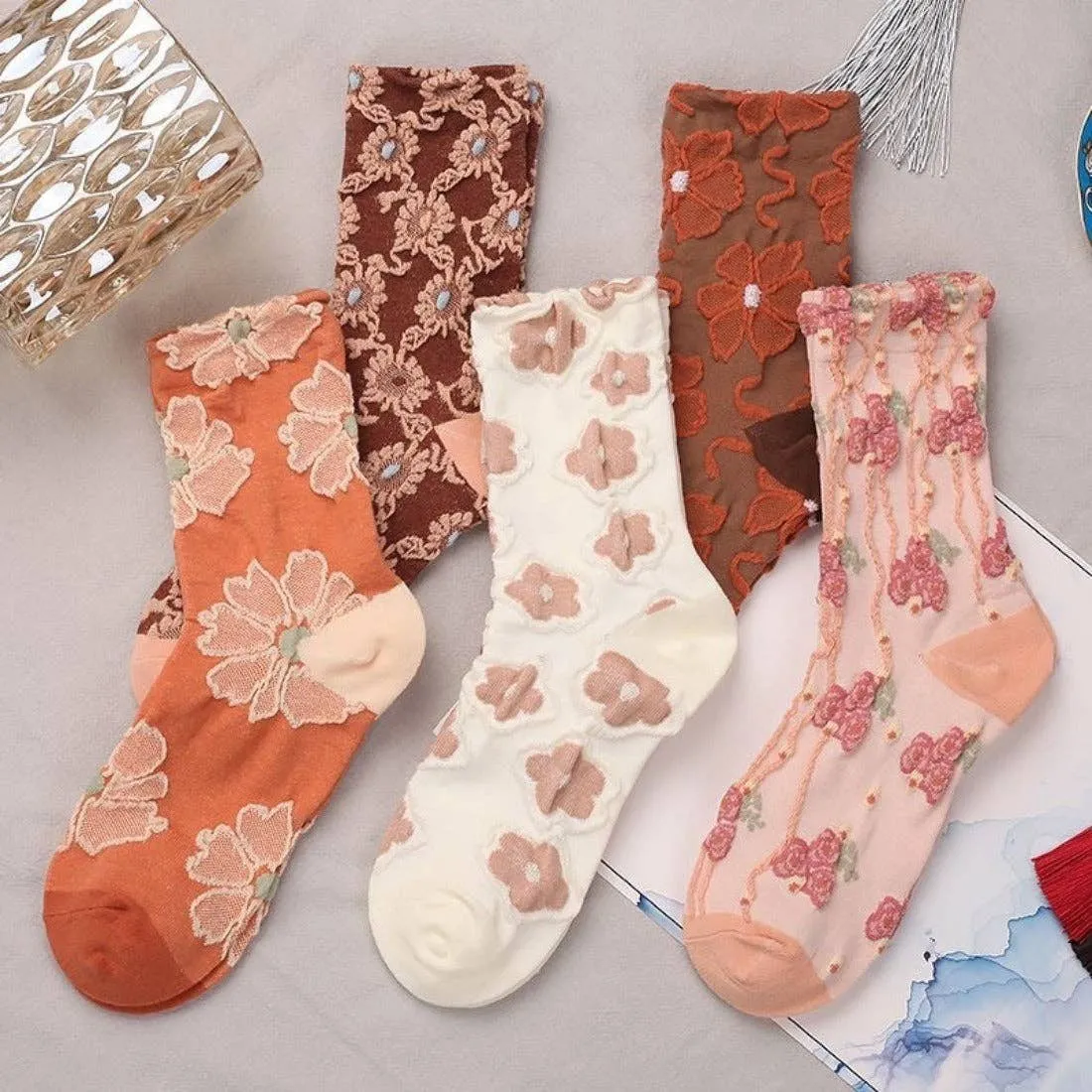 Orange Floral Embossed Women's Socks | Bohemian Style