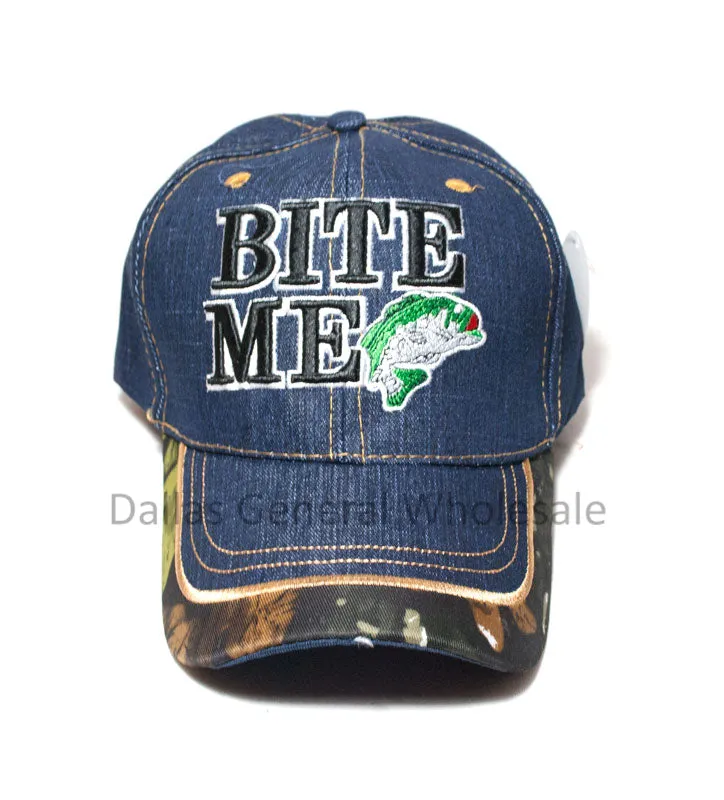 "Bass Bite Me" Casual Denim Caps Wholesale