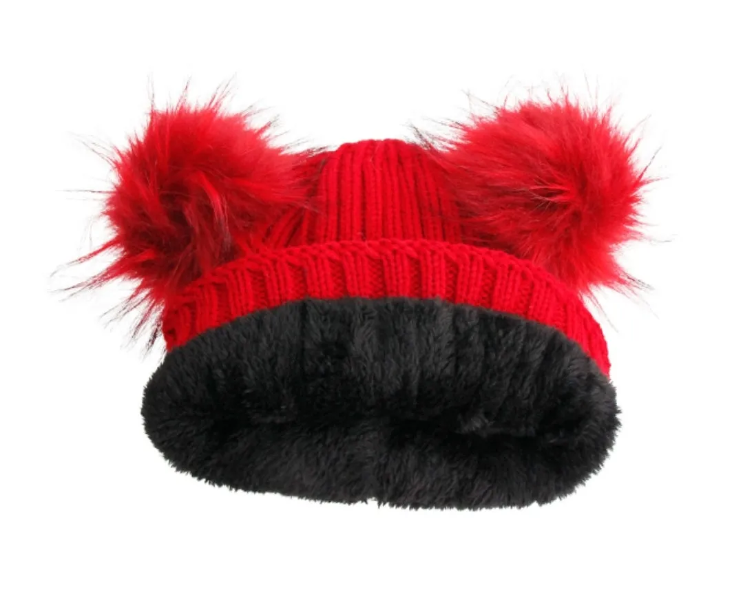 Red and Black Fur Snow Bunny Hat