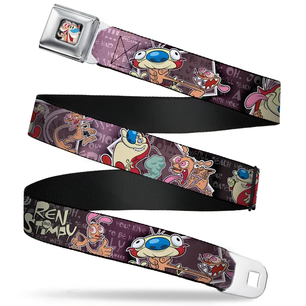 Ren & Stimpy Pose Full Color Black Seatbelt Belt - REN & STIMPY Poses Text Purples Webbing