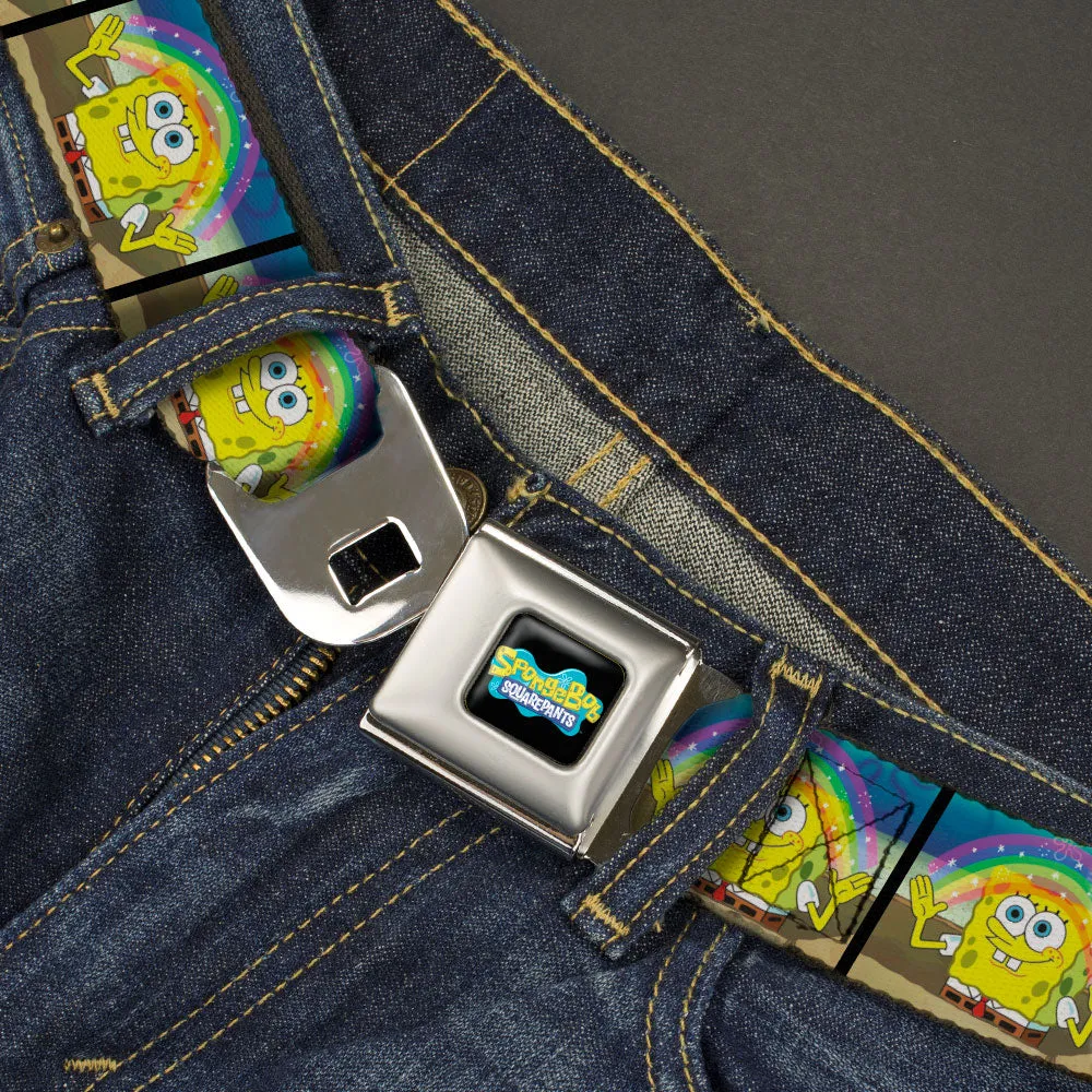 SpongeBob SquarePants Logo Full Color Black/Blues Seatbelt Belt - SpongeBob SquarePants Smiling Rainbow Pose Blocks Webbing