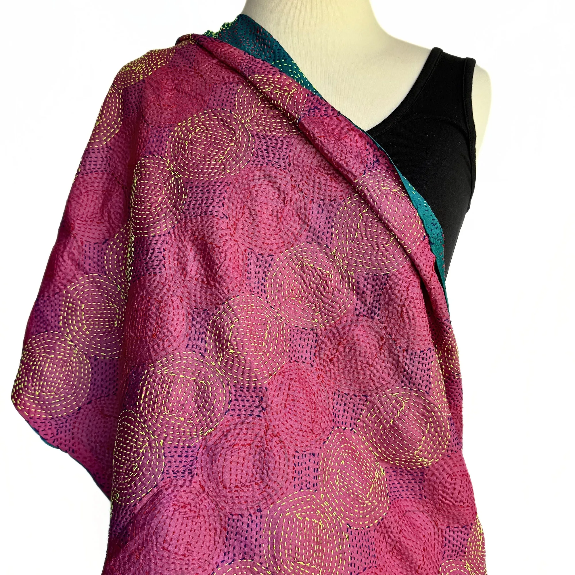 Upcycled silk sari kantha scarf