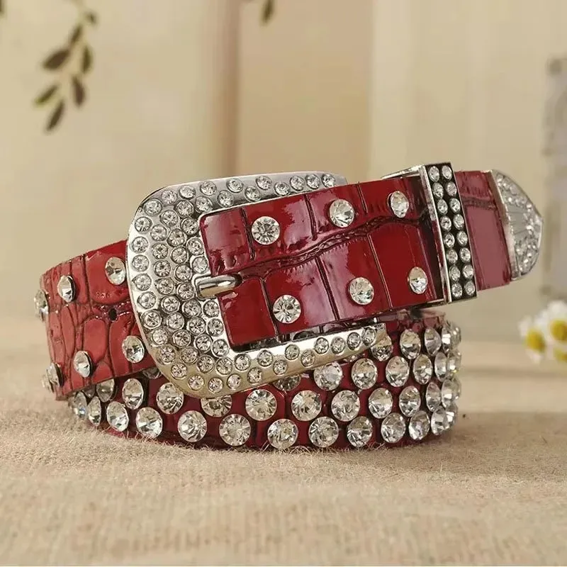 Women’s Leather Rhinestone Belt Fashionable Pin Buckle Design