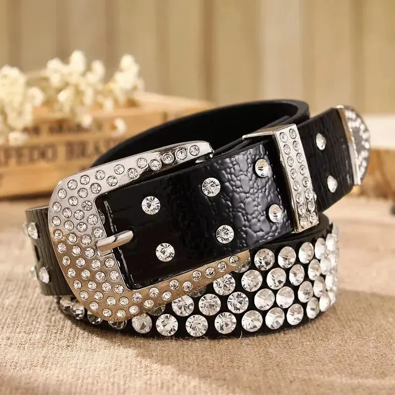 Women’s Leather Rhinestone Belt Fashionable Pin Buckle Design