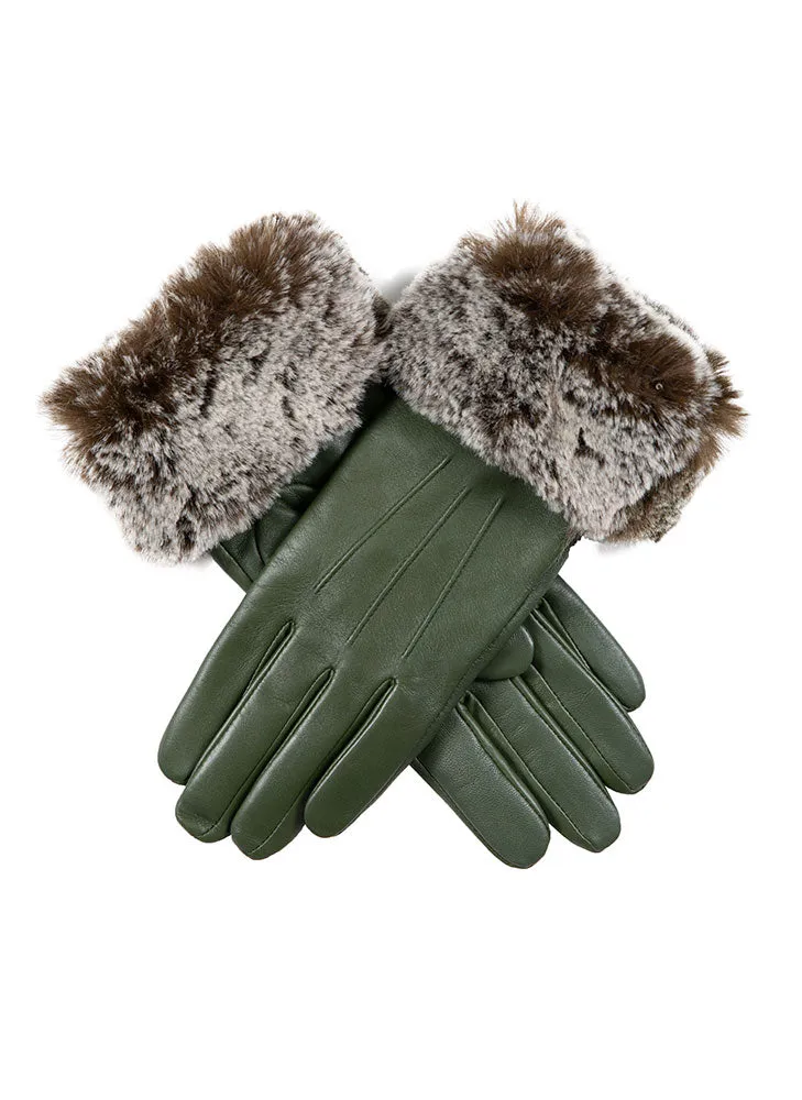 Women’s Touchscreen Three-Point Lined Leather Gloves with Faux Fur Cuffs